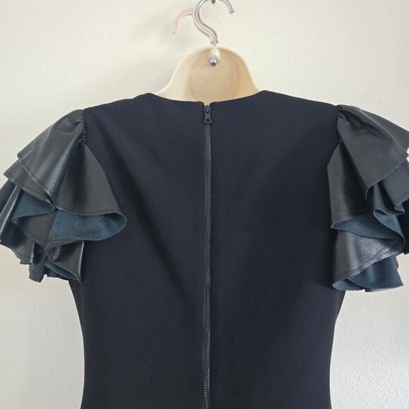 Alice + Olivia Black Eunice Vegan Leather Ruffle-sleeve Mini Dress Size 2 LBD - Picture 5 of 8